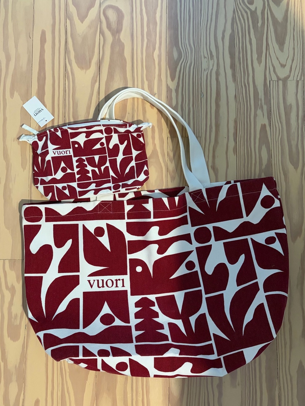 Vuori Red Patterned Tote Bag with Matching Pouch